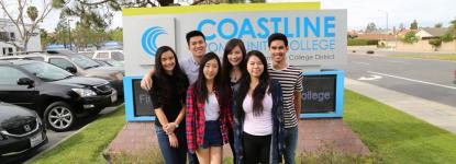 Six students in front of a Coastline Community College sign