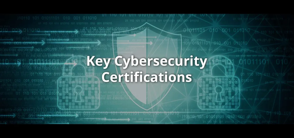 Two locks and a shield over a background of binary with an overlay of the words Key Cybersecurity Certifications